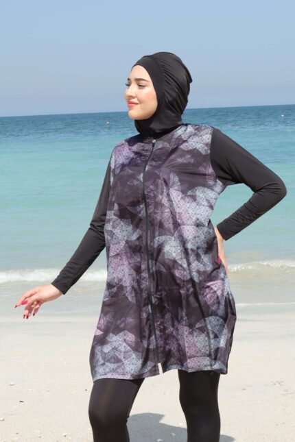 Black & Purple Geometric Modest Swimwear Set